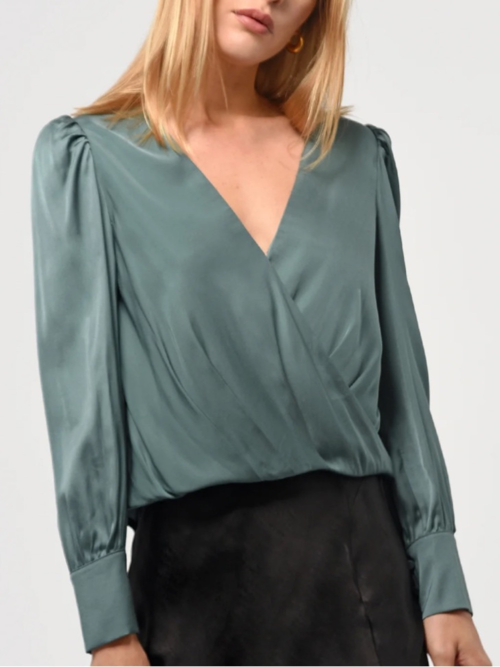 Greylin Lourdes Faux Wrap Blouse Medium Sage Green Nuuly Satin Long Sleeve Top